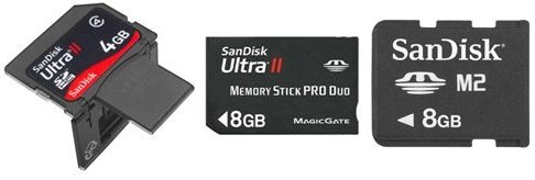 SanDisk Memory Stick micro M2 8GB, SDHC 4GB, Memory Stick Pro Duo 8GB